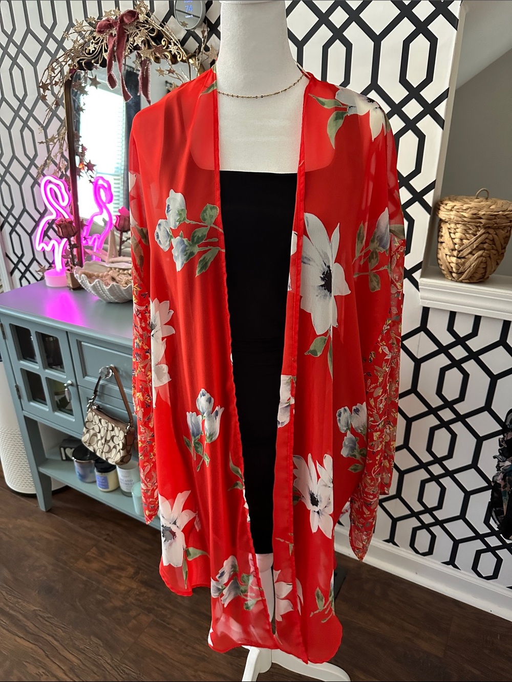 Nordstrom Red Floral Open-Front Draped Kimono Cape